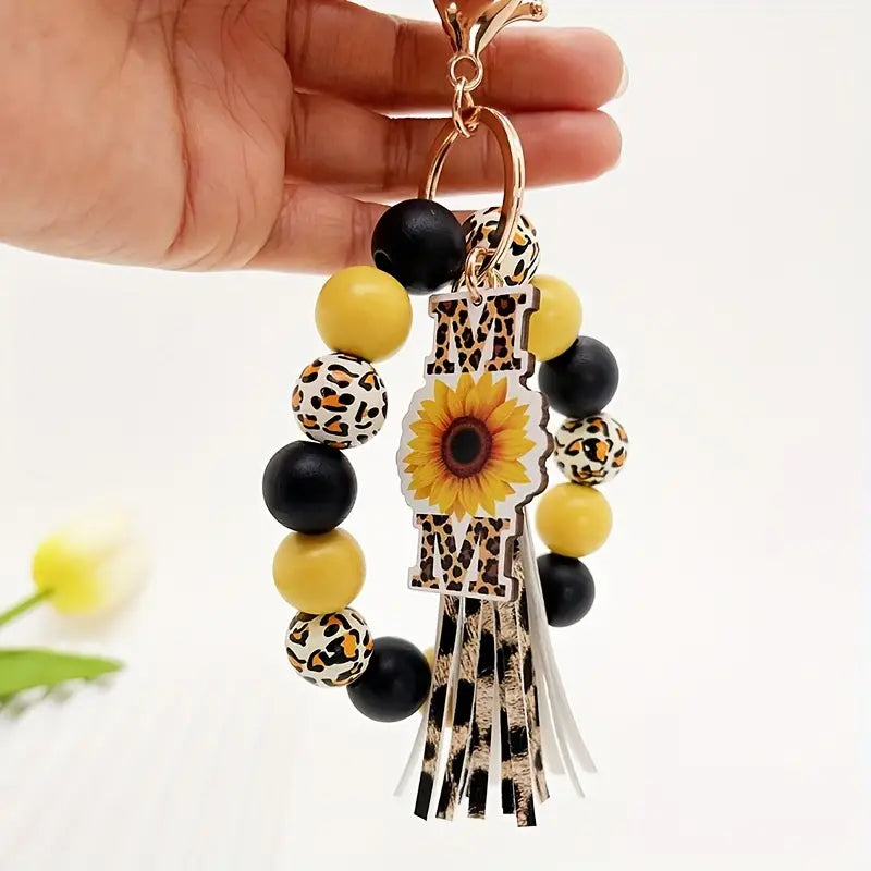 MOM Sunflower Bead Tassel Keychain