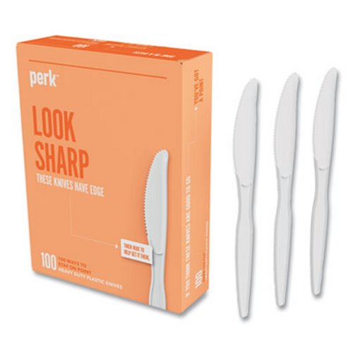 100/Pack  Perk Heavyweight Plastic Cutlery, Knives, White,