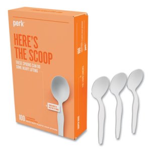 100/Pack Perk Heavyweight Plastic Cutlery, Soup Spoon, White,