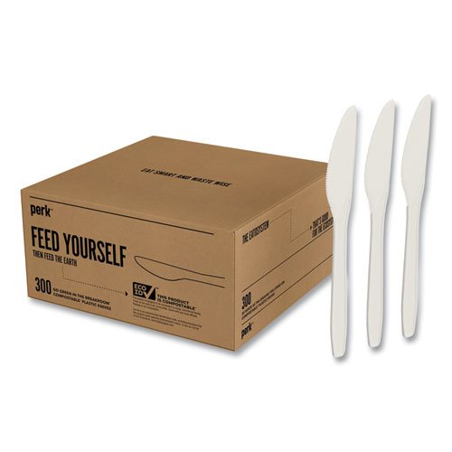 300/Pack Perk Mediumweight Plastic Cutlery, Knife, White,