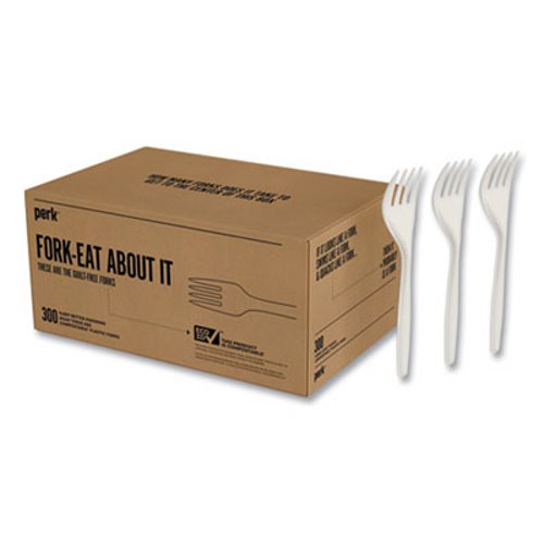 300/Pack Perk Mediumweight Plastic Cutlery, Fork, White,